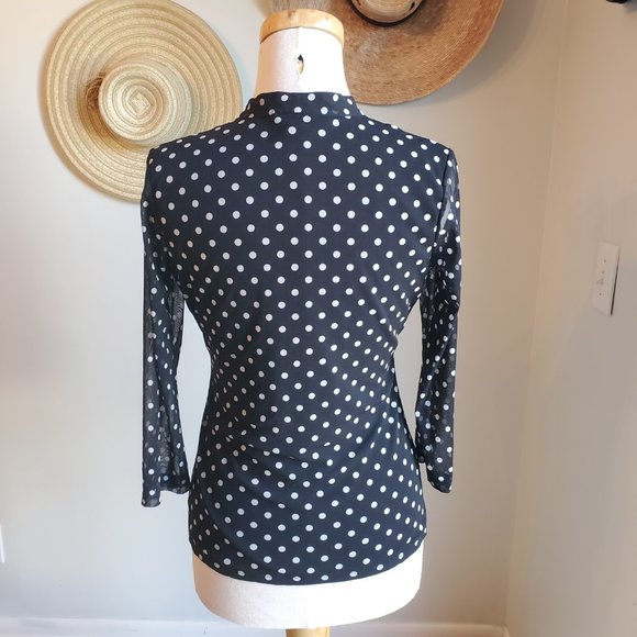 INC Black and White Polka Dot Pleated Button Top - Picture 5 of 6